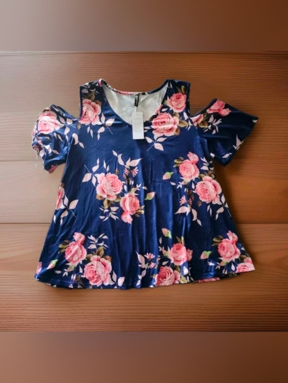 Womens Round Neck Navy Rose Pink Floral Cold Shoulder Short Sleeve Flowy Blouse